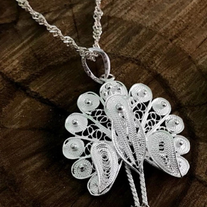 Peacock Motif Silver Necklace
