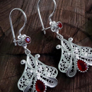 Ruby Flower Motif Silver Earrings